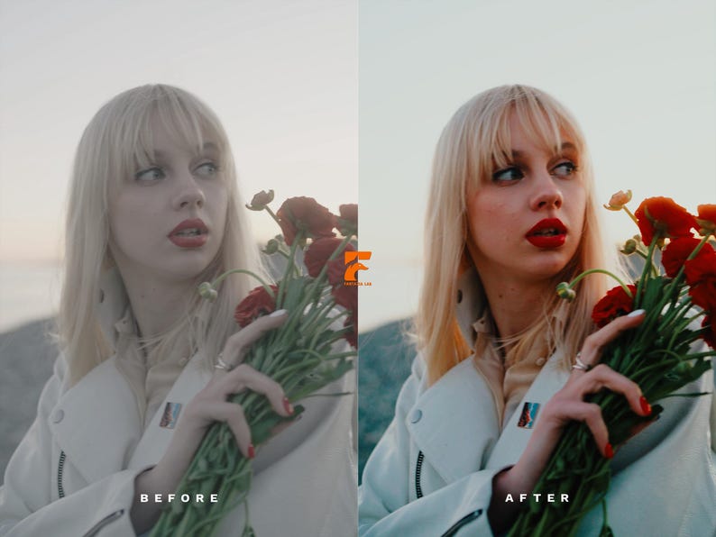 May include: A woman with blonde hair and red lipstick holds a bouquet of red flowers. She wears a white jacket. The image has a before and after comparison, with the text "BEFORE" and "AFTER" at the bottom.