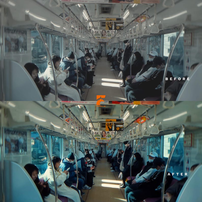 May include: A split-screen comparison of a train interior showing passengers seated in rows. The top half is labeled BEFORE with muted tones, while the bottom half is labeled AFTER with vibrant, warm colors and an orange logo in the center.