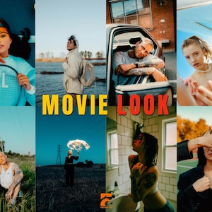 May include: A collage of eight images with a "MOVIE LOOK" title. The images feature diverse individuals in various settings, including a tennis court, a car, and a bathroom. The images have a cinematic aesthetic, with a focus on fashion and lifestyle.