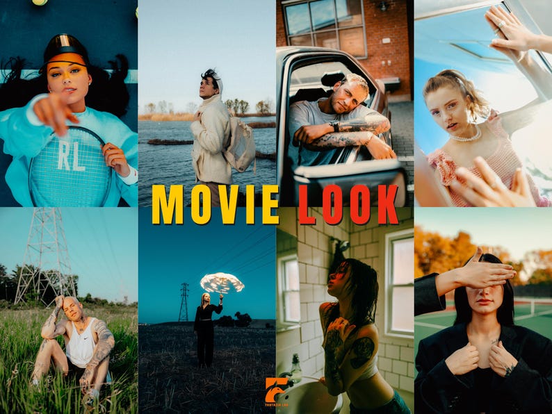May include: A collage of eight images with a "MOVIE LOOK" title. The images feature diverse individuals in various settings, including a tennis court, a car, and a bathroom. The images have a cinematic aesthetic, with a focus on fashion and lifestyle.