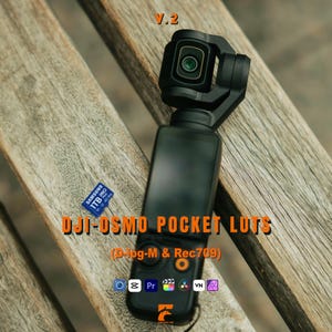 May include: A black DJI Osmo Pocket camera with the text "DJI-OSMO POCKET LUTS" and "(D-log-M & Rec709)". A blue Samsung 1TB Pro SD card is visible. The camera is on a wooden surface.