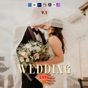 Puede incluir: Imagen romántica de una pareja besándose bajo un velo, con la palabra "WEDDING" en letras doradas. La novia sostiene un ramo de flores blancas y melocotón. El novio lleva un esmoquin negro. La imagen tiene un tono cálido, con el texto "LUTS" y "V.1".