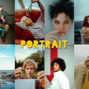 May include: A collage of eight diverse portraits featuring individuals in various settings, including a person in a suit, a person with a tulip, a person in water, and a person in a field, with the word PORTRAIT in yellow text.