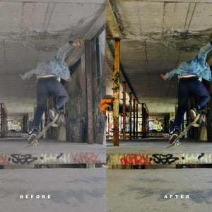 May include: A person skateboarding in an abandoned building. The person is wearing a denim jacket and dark pants. The skateboard is in mid-air. The building has graffiti on the walls and support beams. The image has the words "BEFORE" and "AFTER" at the bottom.