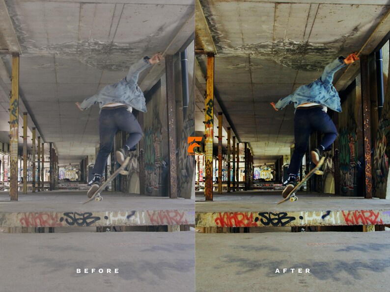 May include: A person skateboarding in an abandoned building. The person is wearing a denim jacket and dark pants. The skateboard is in mid-air. The building has graffiti on the walls and support beams. The image has the words "BEFORE" and "AFTER" at the bottom.