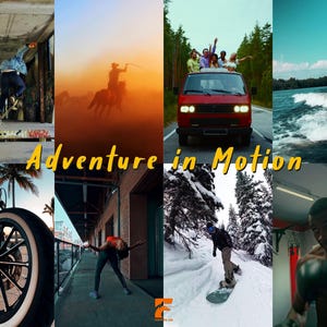 May include: A collage of images showcasing various outdoor activities. Includes a skateboarder, horseback rider, people in a van, a woman wakeboarding, a motorcycle, a person stretching, a snowboarder, and a boxer. Text reads "Adventure in Motion."