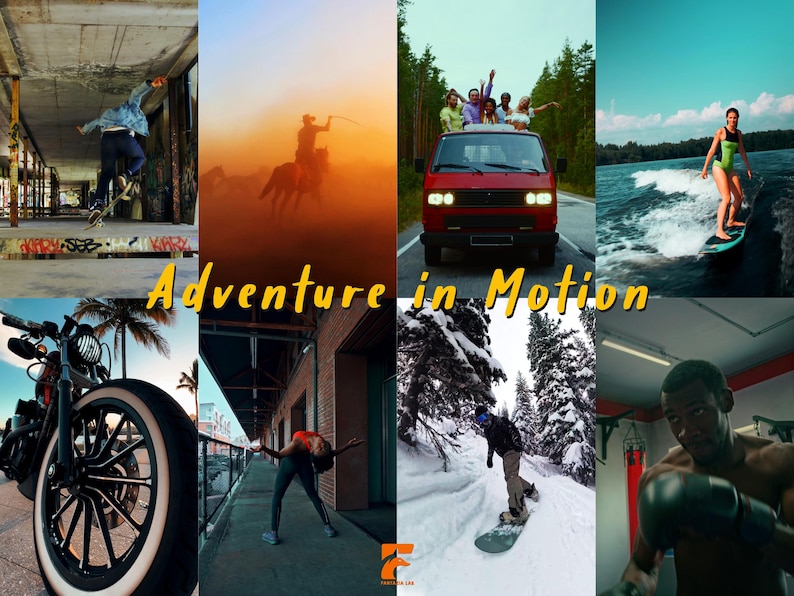 May include: A collage of images showcasing various outdoor activities. Includes a skateboarder, horseback rider, people in a van, a woman wakeboarding, a motorcycle, a person stretching, a snowboarder, and a boxer. Text reads "Adventure in Motion."