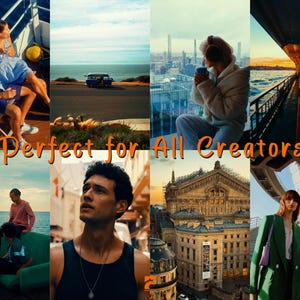 May include: A collage of images featuring diverse scenes: people on a boat, a coastal road with a vehicle, a person with a cup, a ship's deck, people in the water, a man looking up, a building, and two people. Text: "Perfect for All Creators."