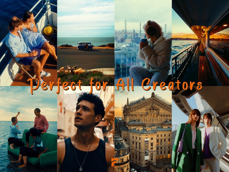 May include: A collage of images featuring diverse scenes: people on a boat, a coastal road with a vehicle, a person with a cup, a ship's deck, people in the water, a man looking up, a building, and two people. Text: "Perfect for All Creators."