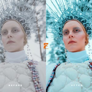 May include: A headpiece featuring intricate silver-toned floral and branch-like spikes, adorned with dangling pearl strands. The garment includes a white quilted bodice with a high neck and plaid trim. The image displays before and after text.