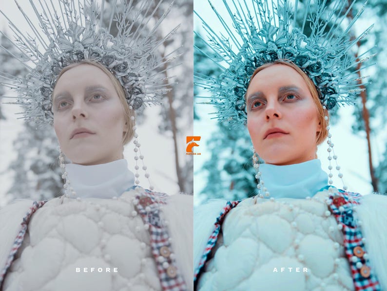May include: A headpiece featuring intricate silver-toned floral and branch-like spikes, adorned with dangling pearl strands. The garment includes a white quilted bodice with a high neck and plaid trim. The image displays before and after text.