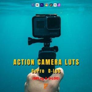 May include: Black action camera held underwater, with the text "ACTION CAMERA LUTS GoPro D-LOG (GPLog & D-LOG)" in yellow. The camera is mounted on a black handle. The background is a blue-green underwater scene.