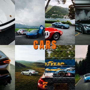 May include: A collage of various cars, including a white Porsche, a blue sports car with its door open, and a red vintage car with the number 12. The word "CARS" is displayed in orange block letters.