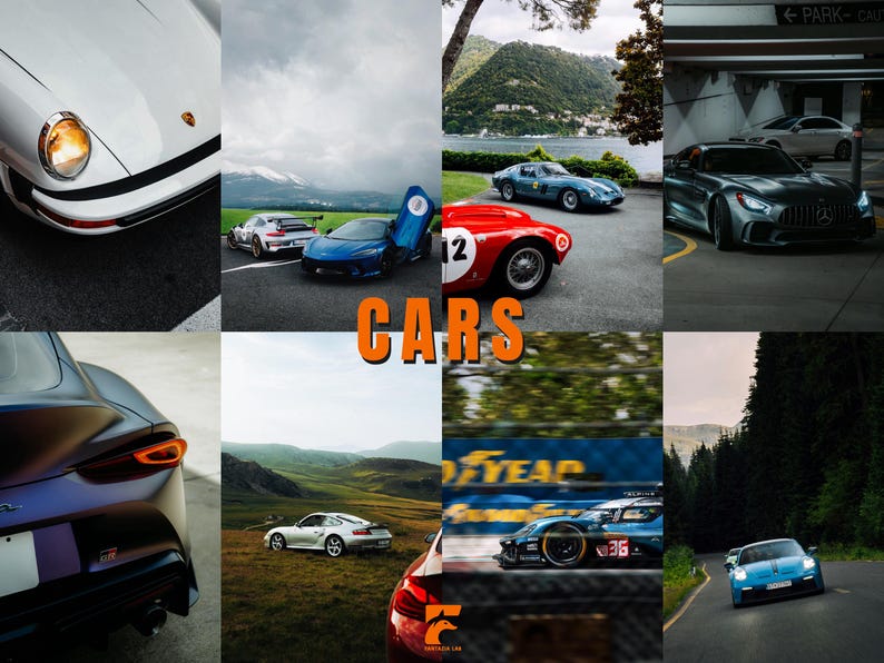 May include: A collage of various cars, including a white Porsche, a blue sports car with its door open, and a red vintage car with the number 12. The word "CARS" is displayed in orange block letters.