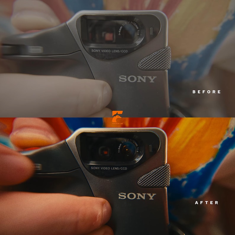 Może przedstawiać: Zbliżenie szarej kamery wideo Sony z widocznym tekstem "SONY VIDEO LENS/CCD" i "SONY". Obraz jest podzielony, z tekstem "BEFORE" i "AFTER" po prawej stronie, pokazując por&oacute;wnanie.