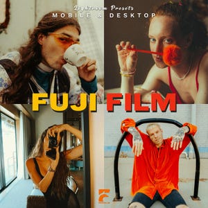 May include: A promotional image featuring four lifestyle photos. The text "Lightroom Presets MOBILE & DESKTOP" is at the top. The words "FUJI FILM" are in large, bold letters. The Fantada Lab logo is at the bottom.