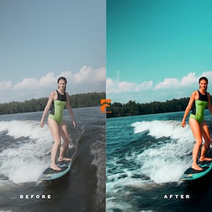May include: A woman in a green and black swimsuit stands on a surfboard, riding a wave. The sky is blue with some clouds. The water is choppy, and there is a shoreline in the background. The image is a before and after comparison.