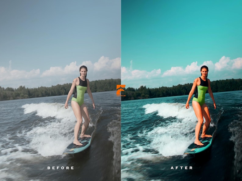 May include: A woman in a green and black swimsuit stands on a surfboard, riding a wave. The sky is blue with some clouds. The water is choppy, and there is a shoreline in the background. The image is a before and after comparison.