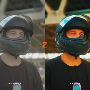 May include: A black motorcycle helmet with a clear visor. The helmet is worn by a person wearing a black t-shirt. The image shows a before and after comparison.