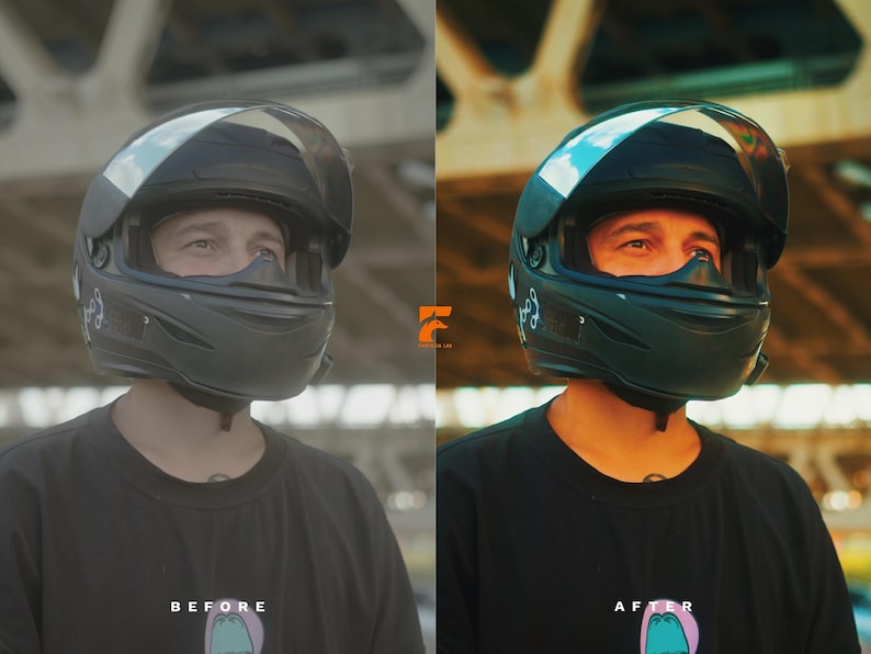 May include: A black motorcycle helmet with a clear visor. The helmet is worn by a person wearing a black t-shirt. The image shows a before and after comparison.