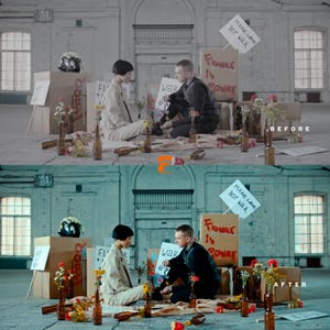 May include: A before and after image shows two people sitting on the floor surrounded by cardboard boxes, flowers, and bottles. Signs read "Make Love Not War" and "Flower is Power". The scene is set in a large, industrial-style room.
