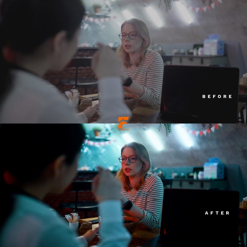 May include: A split-screen image showing a before-and-after comparison. The top half displays a scene labeled "BEFORE" with a woman wearing glasses and a striped shirt. The bottom half, labeled "AFTER," shows the same scene with enhanced colors and lighting.