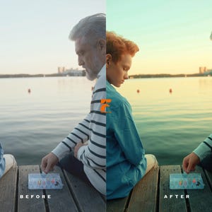 May include: A before and after image of two people sitting on a wooden dock near a lake. The person on the right is wearing a striped shirt. A clear plastic tackle box is in front of them. The text "BEFORE" and "AFTER" are at the bottom.