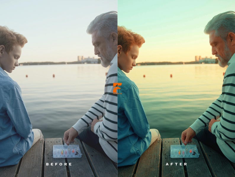 May include: A before and after image of two people sitting on a wooden dock near a lake. The person on the right is wearing a striped shirt. A clear plastic tackle box is in front of them. The text "BEFORE" and "AFTER" are at the bottom.