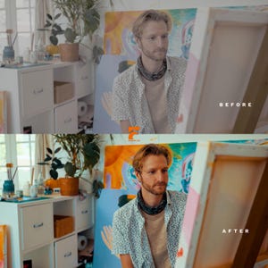 May include: A before and after image of a man in an art studio. The man is wearing a patterned shirt and looking at a canvas. The "BEFORE" image is desaturated, while the "AFTER" image is vibrant. The studio has white cabinets, plants, and art supplies.