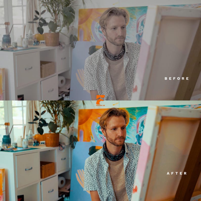 May include: A before and after image of a man in an art studio. The man is wearing a patterned shirt and looking at a canvas. The "BEFORE" image is desaturated, while the "AFTER" image is vibrant. The studio has white cabinets, plants, and art supplies.