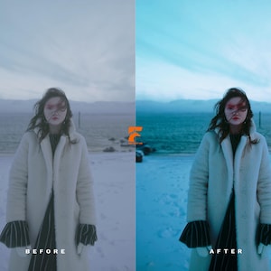 May include: A woman in a white faux fur coat stands on a snowy beach with a body of water in the background. The image is split, with "BEFORE" on the left and "AFTER" on the right, showing a color adjustment. The sky is a muted blue.