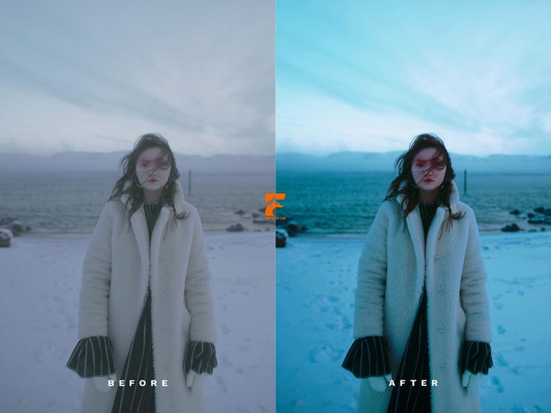 May include: A woman in a white faux fur coat stands on a snowy beach with a body of water in the background. The image is split, with "BEFORE" on the left and "AFTER" on the right, showing a color adjustment. The sky is a muted blue.