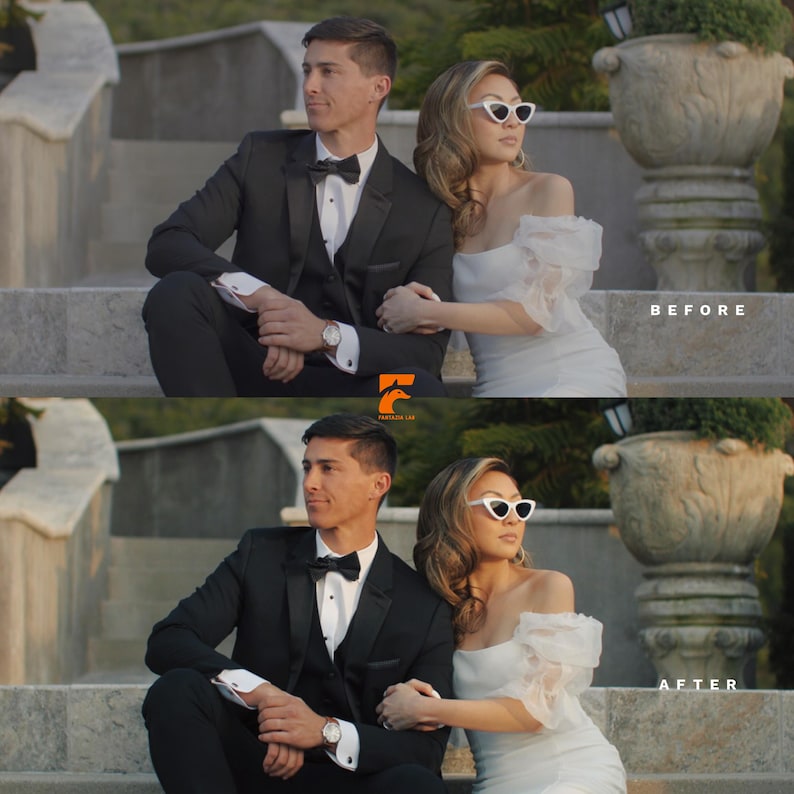 Pode incluir: Um casal em trajes formais sentado em degraus externos. O homem usa um smoking preto com gravata borboleta e rel&oacute;gio de pulso. A mulher usa um vestido branco e &oacute;culos de sol brancos. O texto "ANTES" e "DEPOIS" &eacute; vis&iacute;vel.
