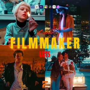 May include: A digital collage featuring four distinct scenes: a person holding a lit candle, a person wearing a VR headset, a person in a leather jacket at a bar, and two people standing by a car. The text reads Bundle, FILMMAKER, LUTS, and FANTAZIA LAB.