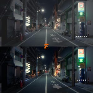 May include: A nighttime street scene in Japan, with a before-and-after comparison. The top image shows a darker, less vibrant scene, while the bottom image is brighter. The street has white lane markings and Japanese text. The "Fantasia Lab" logo is in the center.