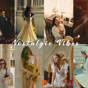 May include: A collage of vintage-themed images featuring people in classic attire and settings. The text "Nostalgic Vibes" is overlaid on the images. The images include a woman in a yellow dress, and a woman on a scooter.