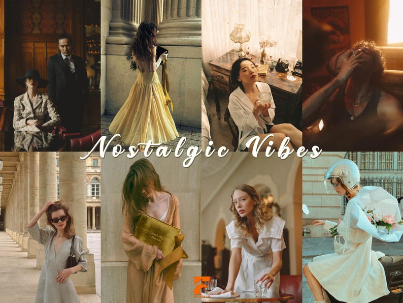 May include: A collage of vintage-themed images featuring people in classic attire and settings. The text "Nostalgic Vibes" is overlaid on the images. The images include a woman in a yellow dress, and a woman on a scooter.
