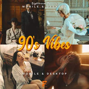 May include: A collage featuring four images with a vintage aesthetic. The text "90's Vibes" is prominently displayed in a yellow, retro font. Additional text reads "Lightroom Presets MOBILE & DESKTOP". The images depict people in various settings, evoking a nostalgic feel.