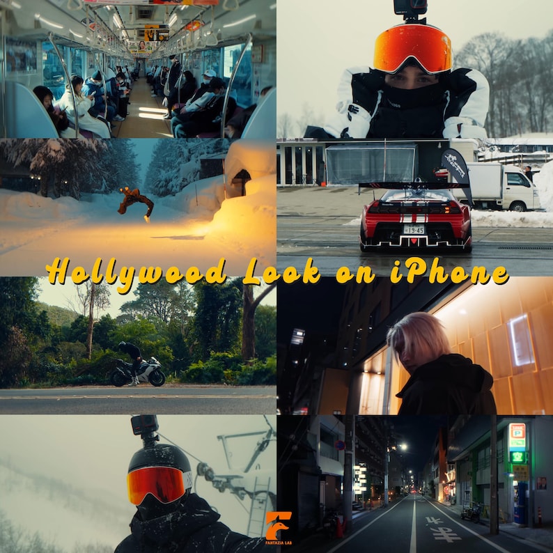 May include: A collage of video clips featuring a train interior, a person in ski gear, a snowboarder in snow, a red sports car, a motorcycle on a road, a person at night, and a city street, with the text Hollywood Look on iPhone.