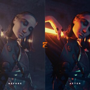 May include: A before and after image comparison. The "before" image shows a person in a dark outfit with a neon light. The "after" image shows the same person with enhanced lighting and color grading. The text "BEFORE" and "AFTER" are visible.