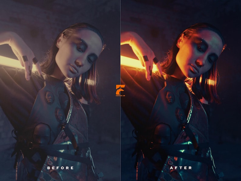 May include: A before and after image comparison. The "before" image shows a person in a dark outfit with a neon light. The "after" image shows the same person with enhanced lighting and color grading. The text "BEFORE" and "AFTER" are visible.