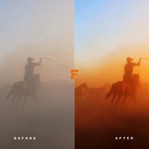 May include: A cowboy on horseback, silhouetted against a dusty, orange sunset. The cowboy is holding a whip, and other horses are visible in the background. The image has a vintage, western theme, with the text "AFTER" at the bottom.