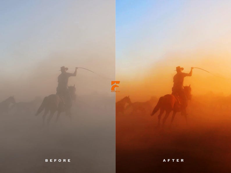 May include: A cowboy on horseback, silhouetted against a dusty, orange sunset. The cowboy is holding a whip, and other horses are visible in the background. The image has a vintage, western theme, with the text "AFTER" at the bottom.