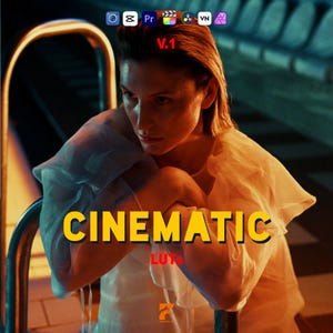 May include: A woman in a white sheer top sits near a pool. The image has a cinematic feel, with the word "CINEMATIC" in yellow block letters. The word "LUTS" is below it. The image has a warm color palette.