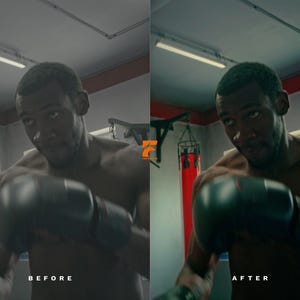 May include: A before and after image of a boxer in a gym. The boxer is wearing black boxing gloves. The text "BEFORE" is at the bottom left, and "AFTER" is at the bottom right.