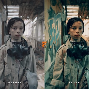 May include: A young person in a black beanie and a tan coat, wearing a black gas mask. The person stands in a dilapidated building with graffiti-covered walls. The image has the text "BEFORE" and "AFTER".