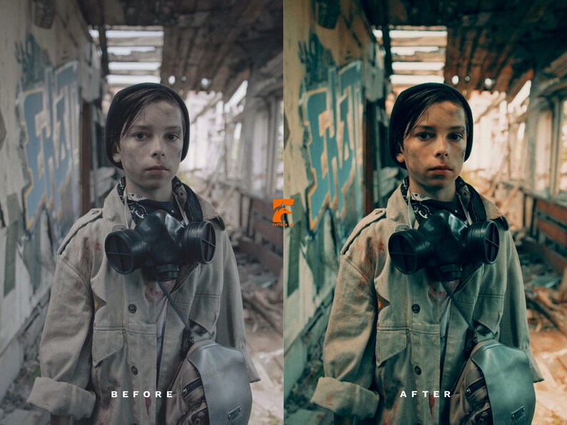 May include: A young person in a black beanie and a tan coat, wearing a black gas mask. The person stands in a dilapidated building with graffiti-covered walls. The image has the text "BEFORE" and "AFTER".