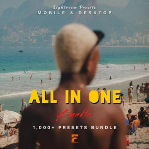 May include: An image with the text "Lightroom Presets MOBILE & DESKTOP" at the top. The words "ALL IN ONE Bundle" are in yellow and red. The image also includes the text "1,000+ PRESETS BUNDLE". The background is a beach scene.