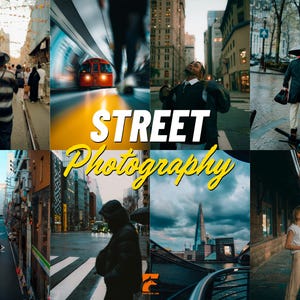 May include: A collage of street photography images. The images include people walking on city streets, a red train in a tunnel, and various cityscapes. The text "STREET Photography" is overlaid on the images in yellow and white.