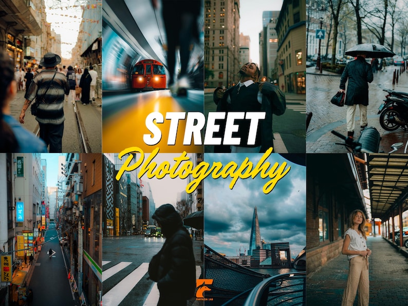 May include: A collage of street photography images. The images include people walking on city streets, a red train in a tunnel, and various cityscapes. The text "STREET Photography" is overlaid on the images in yellow and white.